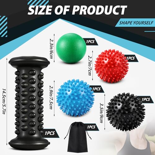 Lewtemi Massage Ball and Foot Roller, 3-in-1 Set with Spiky Ball Lacrosse Balls Massage Roller Carrying Bag, Foot Massager...