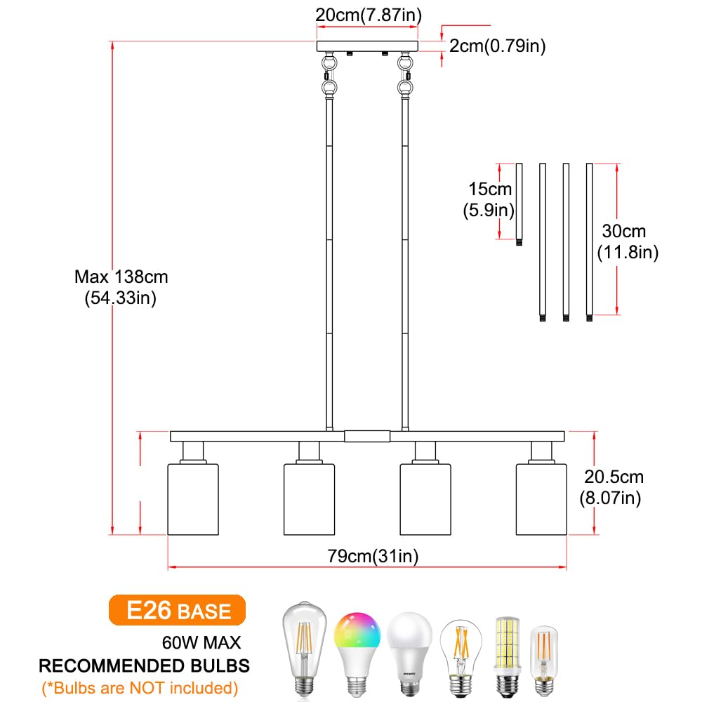 4-Light Kitchen Island Lighting  Gold Dining Room Light Fixtures Over Table  Island Lights With Glass Shade  Farmhouse Pendant Lights Kitchen Chandelier For Restaurant Bar  Height Adjustable