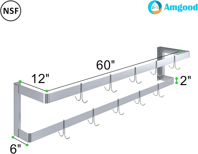 AmGood 60 in. Wall-Mounted Stainless Steel Double-Line Pot Rack. Includes 10 double pring hooks