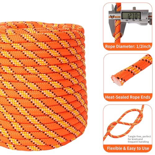 Arborist Rope Climbing Rope Swing for Tree(1/2in x 100ft) Logging Rope 48 Strands for Pull, Swing, Knot (Orange)