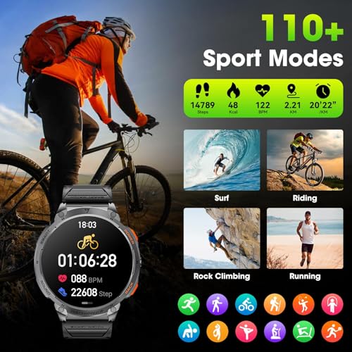 Haulvean Military Smart Watches for Men, 1.85" HD Large Screen Smart Watch, Flashlight/730mAh/110+ Sports Modes Fitness Tr...