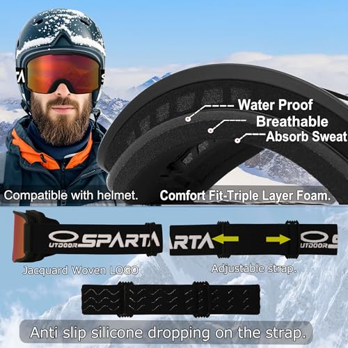 OUTDOORSPARTA Adult Ski Goggles- Helmet Compatible Ski Goggles for Men & Women with 100% UV Protection