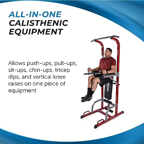 Stamina Full Body Power Tower 735 - Dip Bar with Built-in Bench and Rack - Pull Up Bar Station with Smart Workout App - Di...