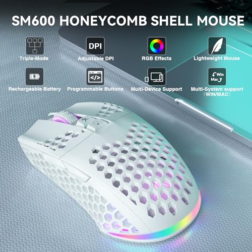 SOLAKAKA SM600 White Wireless Gaming Mouse,Tri-Modes BT5.1/Type-C Wired/2.4G Wireless Mouse with 2 Side Buttons, Programma...