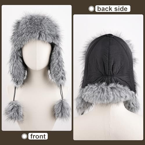 Women Faux Fur Trapper Hat with Pompoms Warm Classic Ear Flaps Fuzzy Bobble Cap Warm Outdoor Ski Snow Cap for Women and Men