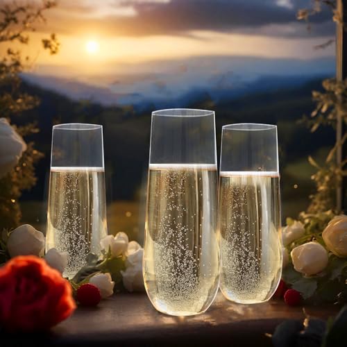 SUT 24PCS Stemless Plastic Champagne Flutes - 9oz plastic champagne glasses disposable, disposable champagne glasses, mimo...