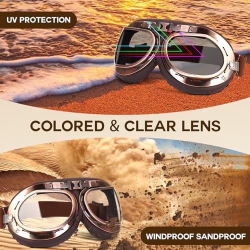 Lievermo Vintage Helmet Goggles 2 Pack Motorcycle Dirt Bike ATV Goggles Vintage Pilot Aviator Cruiser Scooter Off Road Mot...