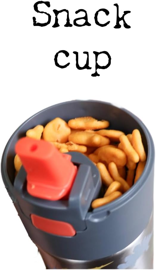 Kids insulated water bottle with straw and snack cup. Double wall stainless steel 14oz (orange and gray dinosaur)