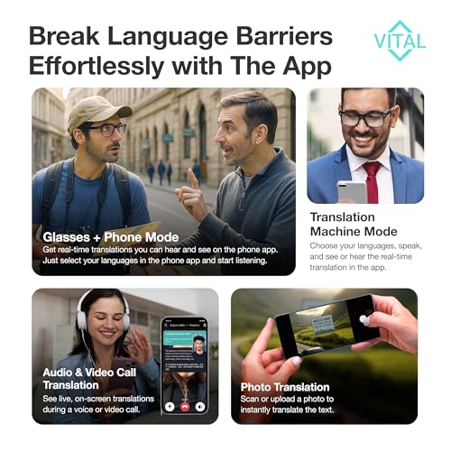 Vital Smart Glasses for Men AI Translation – Open-Ear Bluetooth 5.3 Audio, 164-Language Translator in Phone App Vital Smar...