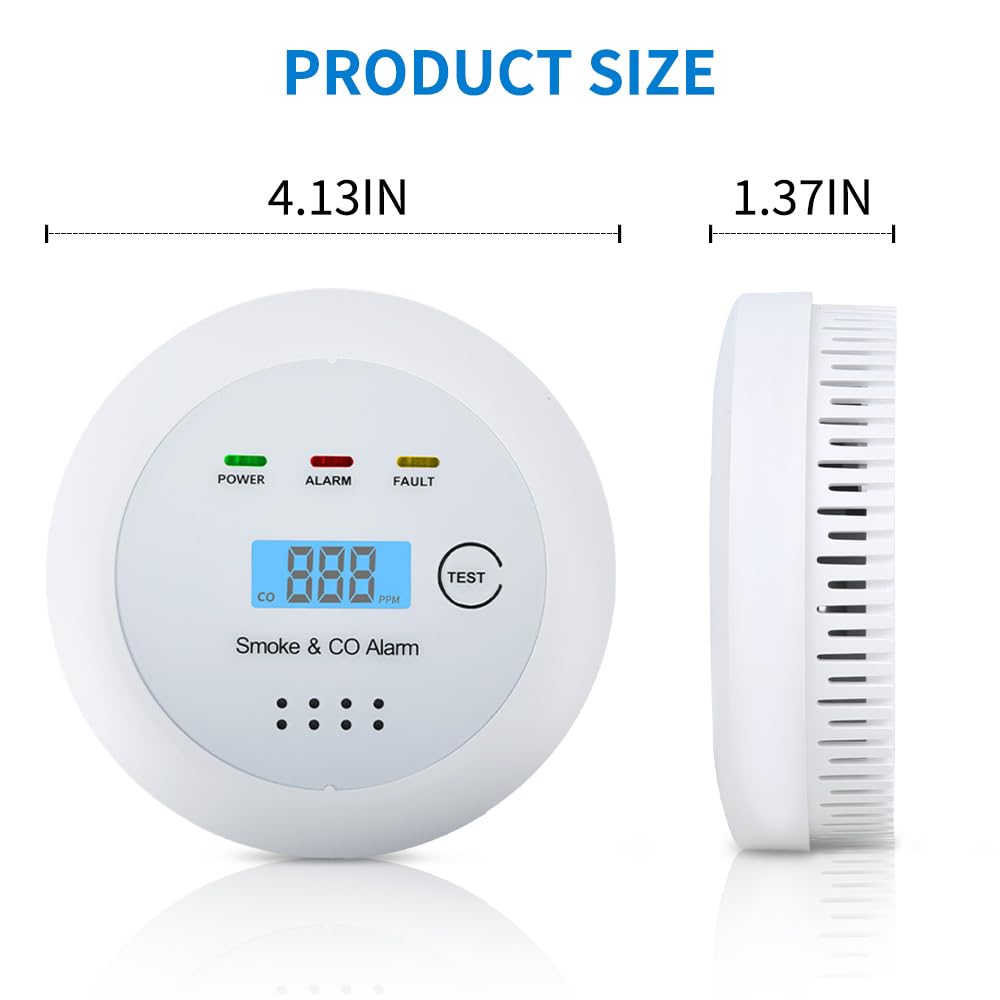 2 in1 Smoke Detector Carbon Monoxide Detector Combo,with LCD Digital Display and Sound Warning Test Button，Battery Powered，Easy Installation, for Home, Bedroom, Kitchen(2PACKS)