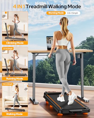 Treadmill Walking Pad with 15% Incline/Handle Bar/2 LED Display, 3.5HP Portable Treadmills for Home Small, Foldable Walkin...
