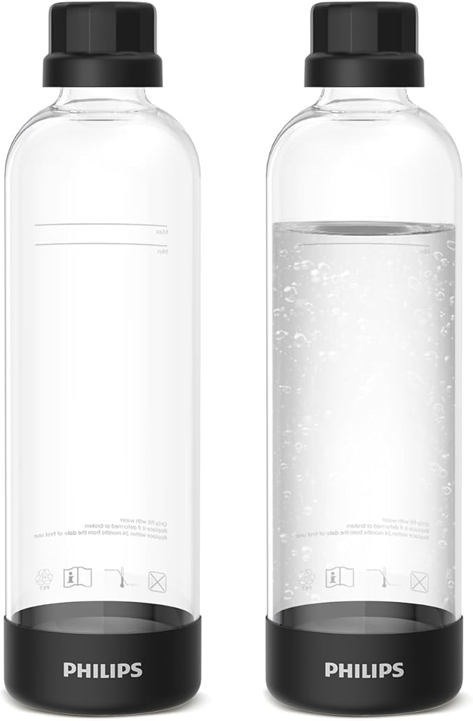 Philips Carbonating Bottles ADD910BKOQ/37, 1L Twin Pack Reusable PET Water Bottles Compatible Sparkling Water Maker, 2 Pack for ADD4902BKOQ/37, ADD4902WHOQ/37 and ADD4901GROQ/37, ADD4901BKOQ/37
