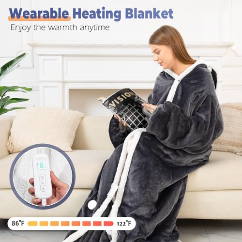 Wearable Heated Blanket with Foot Pocket, Electric Wearable Throw Blanket with Sleeves, Hood, Portable Heated Blanket with...