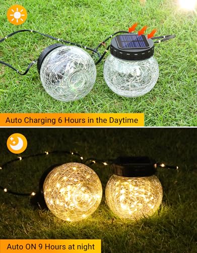 PARTPHONER Solar Lights Outdoor Waterproof 12-Pack, Solar Powered Hanging Lantern Cracked Glass Hanging Globes for Yard De...
