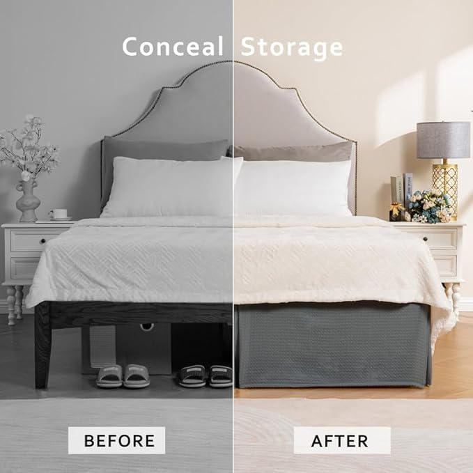 MIYE Pleated Waffle Weave Bed Skirt, Tailored Dust Ruffle 14 Inch Drop Easy Fit, Machine Washable (Dark Grey, Full - 14" Drop)