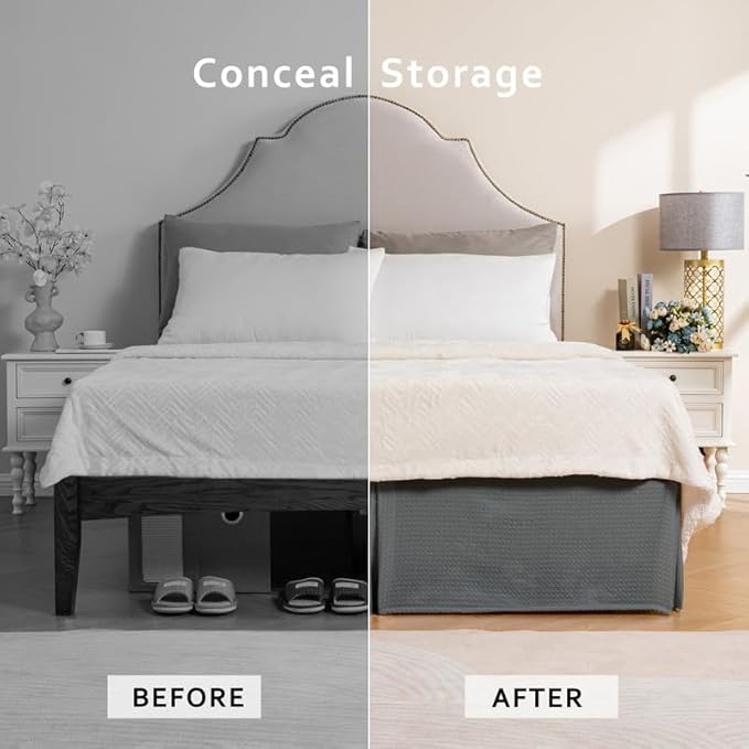 MIYE Pleated Waffle Weave Bed Skirt, Tailored Dust Ruffle 14 Inch Drop Easy Fit, Machine Washable (Dark Grey, King - 14" Drop)