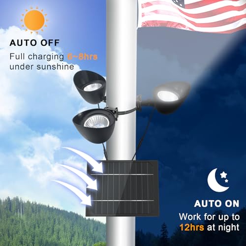 Solar Flag Pole Light 3 Super-Spotlights LEDs, Adjustable Metal Clamps Fits 2-6''Flag Poles, IP65 Waterproof Outdoor Solar...