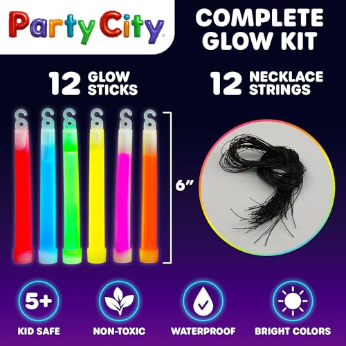 Party City Multicolor Glow Sticks Bulk Pack 6”- 12pk Glow in the Dark Sticks for Kids, Waterproof Camping Survival Ultra B...