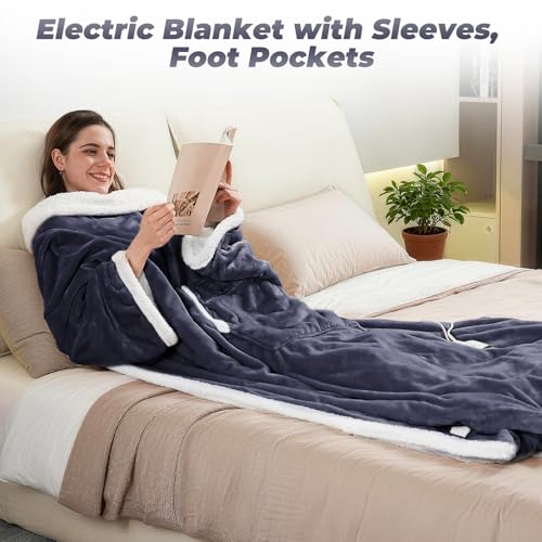 Wearable Heated Blanket with Foot Pockets, Electric Wearable Throw Blanket with Sleeves, Wearable Electric Blanket with 6 ...