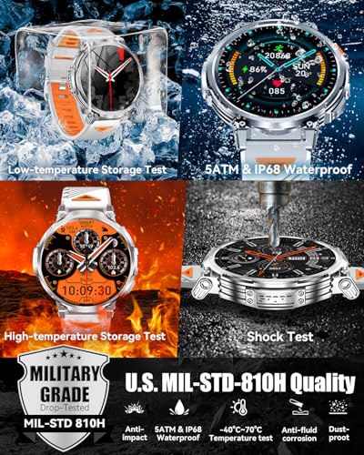 PODOEIL 1.85" Big Screen Military Smart Watch for Men with Flashlight, 730mAh Large Battery, IP68 Waterproof, Bluetooth Ca...