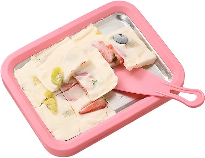 Rolled Ice Cream Maker Kit, At-Home Stainless Steel Instant Freeze Plate with 2 Scrapers, DIY Rolled Ice Cream Tray, Easy Homemade Desserts (Pink)