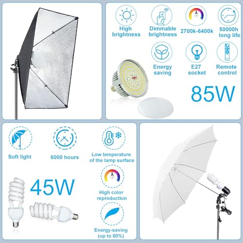 [Upgraded LED Bulb] Photography Lighting Kit 8.5x10ft Backdrop Support System and LED Softbox Set, 6400K Bulbs, Umbrella, ...
