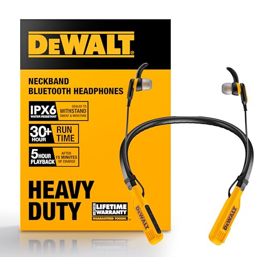 DEWALT Heavy Duty Bluetooth Neckband Headphones, Wireless Around The Neck Earbuds w/ 30H Runtime + Noise Isolation, Secure...