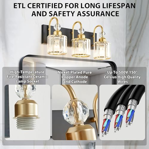 Diamondforge Bathroom Vanity Light Fixtures Over Mirror  Makeup Lighting For Modern Wall  Bath  Desk  Farmhouse  Hallway  3 Crystal Lights  Black Gold