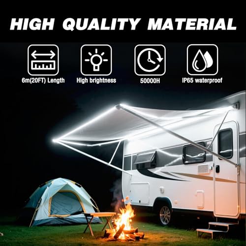Yiswhis Rv Awning Light 12V 20Ft Camper Awning Lighting Waterproof Led Strip Exterior Underglow Lighting For Rv Motorhome Travel Trailer Food Truck Outdoor Party (White  20Ft)