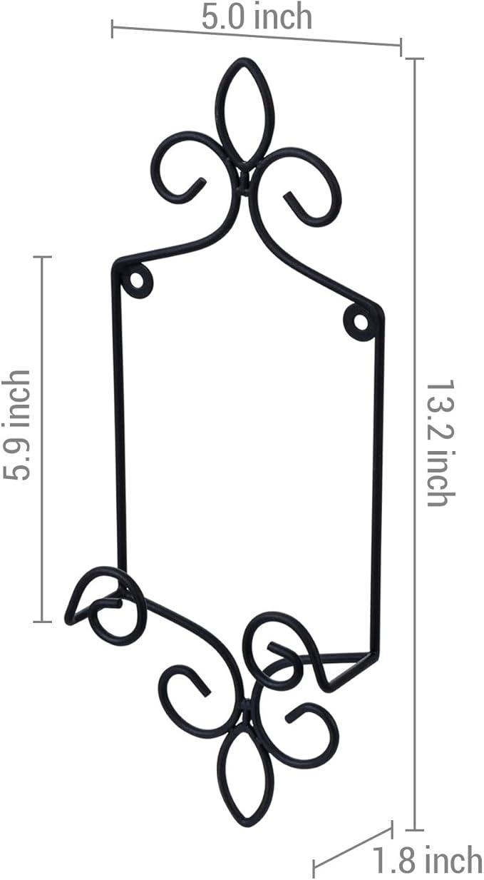 MyGift Small Wall Mounted Metal Wire Vertical Collectible Plate Holder in Matte Black Finish, Decorative Vintage Scrollwork Hanging Rack Holds Single 5.5 to 8 Inch Plates