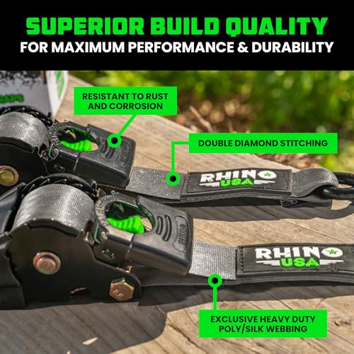 Rhino USA Retractable Ratchet Straps (2-Pack) - 2 Inch x 10 Feet (3,033lb Break Strength) - Heavy Duty Auto Self Retractin...