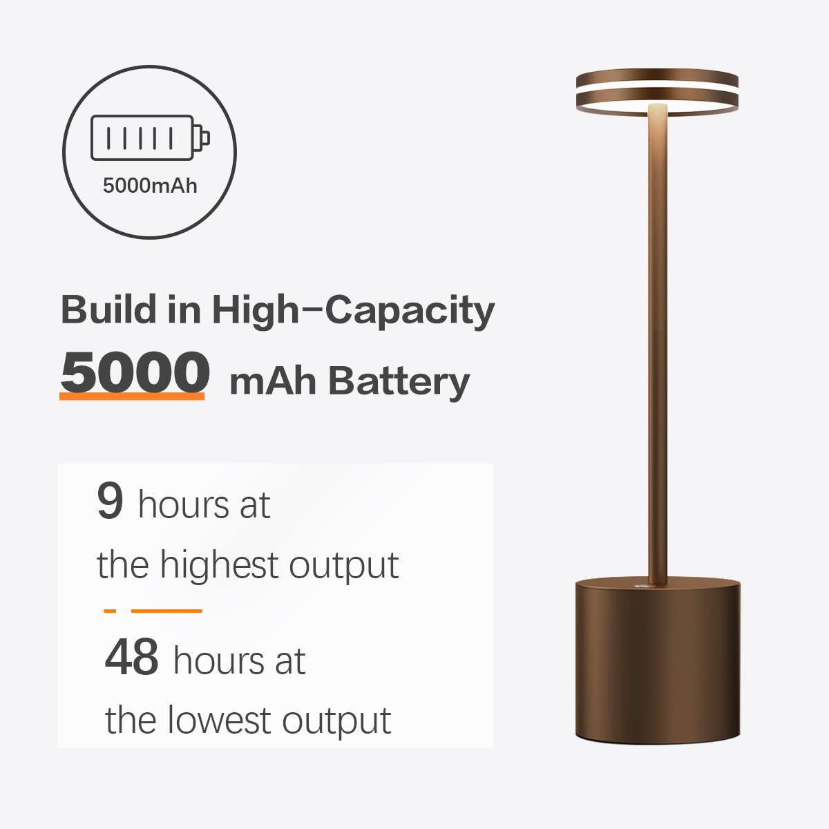 bravzurg Rechargeable Table Lamp, Dimmable LED, 5000mAh, Metal, Wireless, Brown, Model S805
