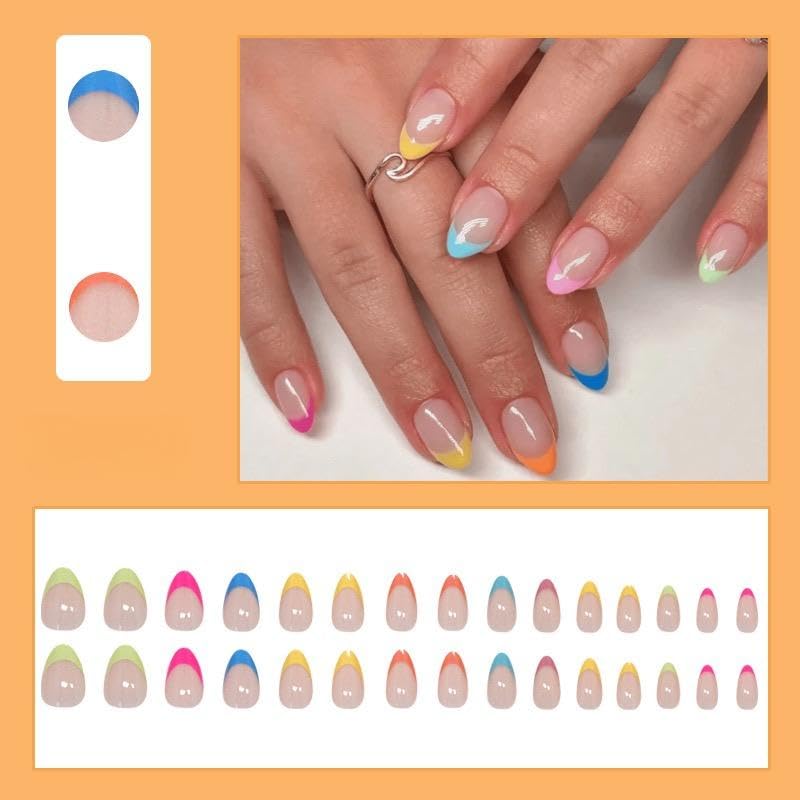 MRSCOL Press on Nails-Rainbow French,Press on Nails Almond,Press on Nails Short Reusable 30pcs Nail Kit with Glue