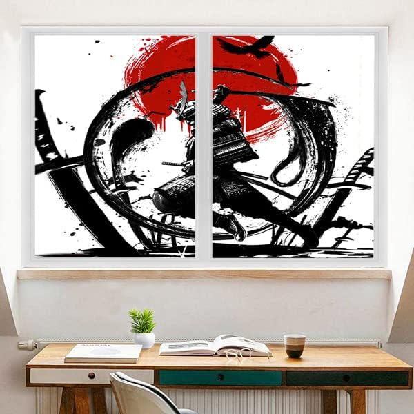 Japanese Samurai Decorative Window Film Watercolor Ink Samurai Sword Red Sun Printdining Room Window Film,Dorm Room Glass Film 23.6Wx78.7L-Inch X2Pcs