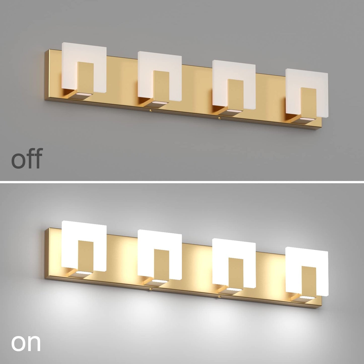 Aipsun Gold LED Bathroom Vanity Light Fixture, 4 Lights, Aluminum, Model GW-1105-4T-Gold, Modern Design, 6000K White Light