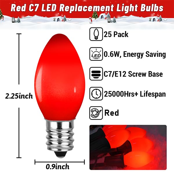 Sotopoo 25 Pack Red Led Light Bulbs C7 Replacement Bulbs - Led Glass Opaque Red Bulbs For Christmas Tree Garland Decor  Christmas Lights Replacement Bulbs For Home Yard Porch Stair  E12 Base  0.6W