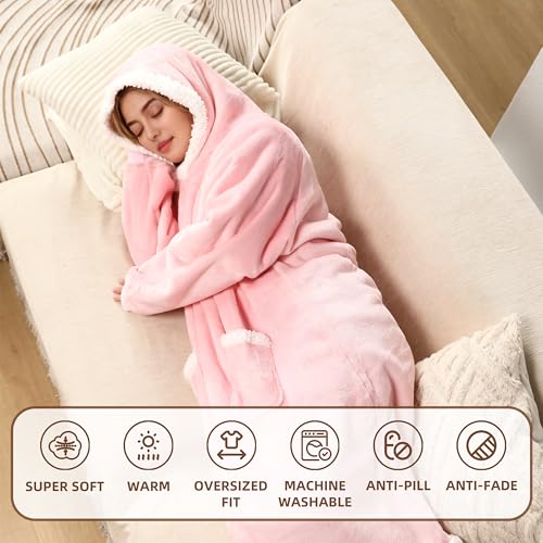 Yosamio Hooded Blanket Wearable Super Soft Flannel & Sherpa, Oversized Fleece Hoodie Blanket, Cozy Wearable Blanket