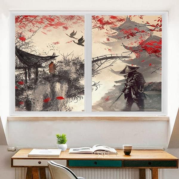 Vintage Japanese Samurai Air Window Film Watercolor Ink Ancient Cherry Blossom Red Sunblackout Window Film,Playroom Window Film 35.4Wx78.7L-Inch X2Pcs