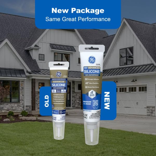 GE Advanced Silicone Caulk for Window & Door, Clear, 2.8 fl oz Tube, 1 Pack - 100% Waterproof Silicone Sealant, 5X Stronger Adhesion, Freeze & Sun Proof