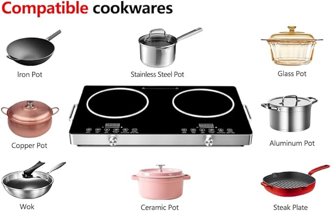 2 Burner Electric Cooktop, 2200W+2200W 110V Electric Double Burner with 3H Timer, Adjustable Temperature for Countertop Cooking, Portable Stove Top Infrared Cooker, Compatible for All Cookware