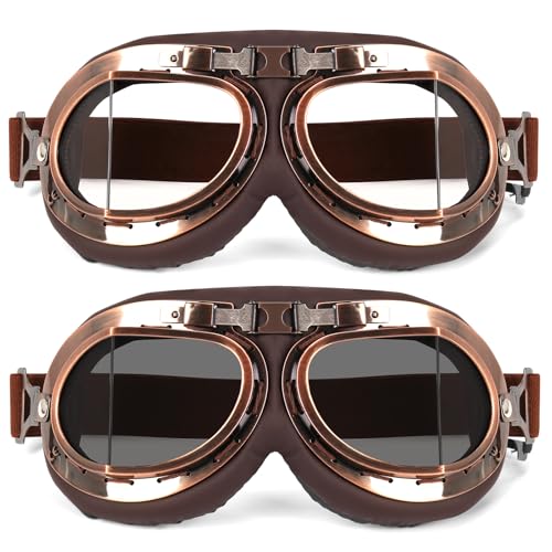 Lievermo Vintage Helmet Goggles 2 Pack Motorcycle Dirt Bike ATV Goggles Vintage Pilot Aviator Cruiser Scooter Off Road Mot...