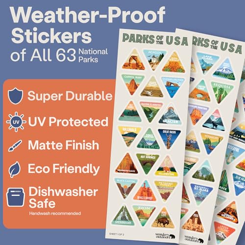 Wondery Parks of the USA® Water Bottle With 63 Waterproof Stickers of Parks (USA), 32 oz Stainless Steel Water Bottle for ...
