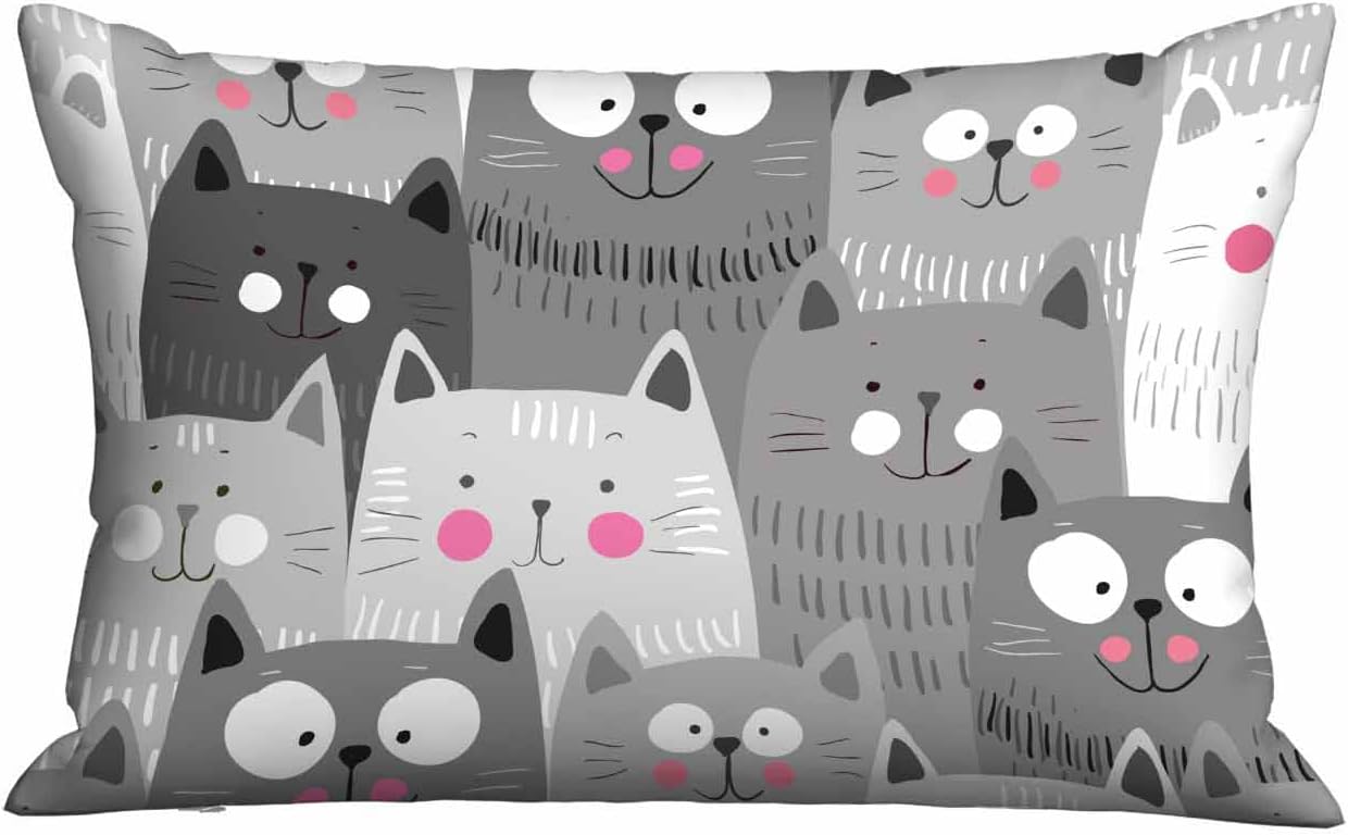 Mugod Throw Pillow Case White Grey Cute Cartoon Cats,Waist Lumbar Cushion Cover Sofa Home Decorative Rectangle Oblong 20x30 Inches