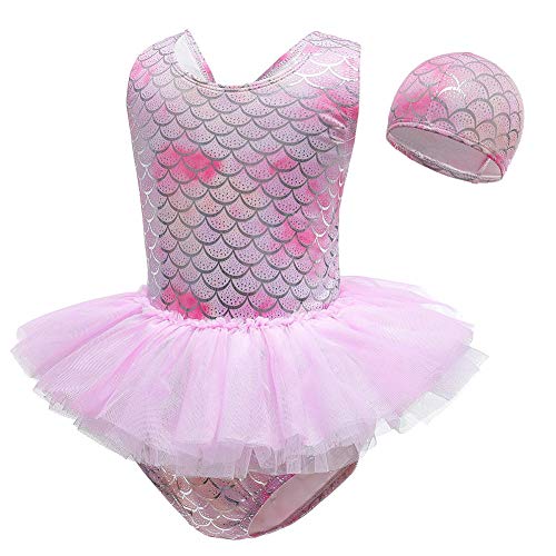 HIHCBF Toddler Girls One Piece Swimsuit Rainbow Bathing Suits Ruffle Tutu Swimwear with Cap Mermaid Fishscale Beachwear