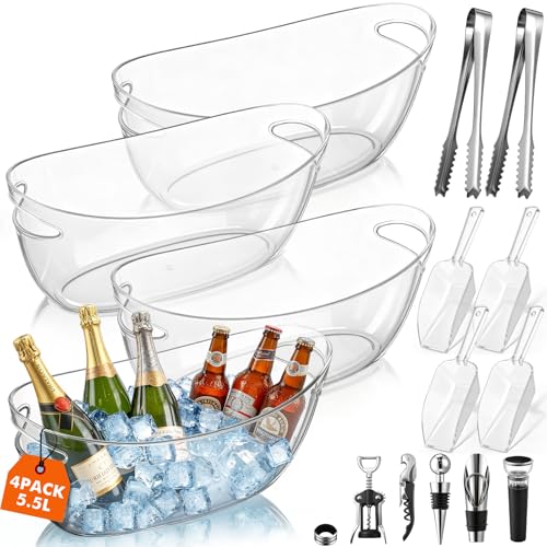 Yiyiring 4 Pcs Ice Buckets for Parties Large 5.5l Clear Beverage Tubs with Scoops, Tongs, Wine Opener, Vacuum Wine Stopper...