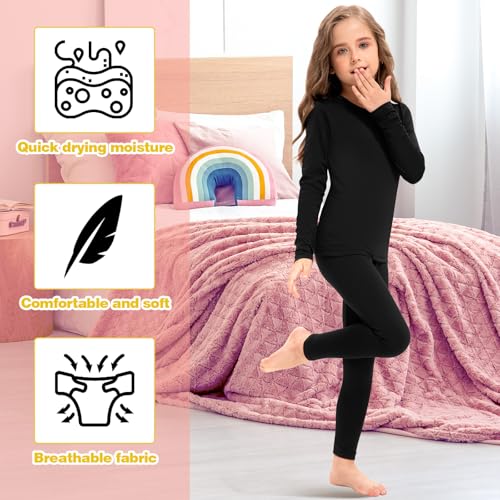Silkfly 3 Set Girls Thermal Underwear Soft Winter Thermal Top and Bottom with Fleece Lined Base Layer for Girls