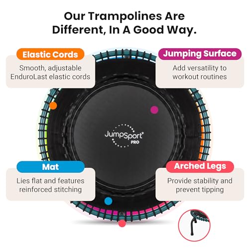 JumpSport 350 PRO Fitness Trampoline, Cardio Workout, No-Tip Arched Legs Home Gym Equipment, Adjustable Bungees & 60 Day T...