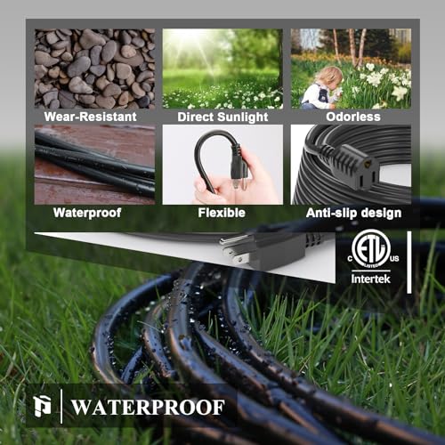 PLUGTUL Outdoor Extension Cord 25 FT Waterproof, 16/3 Gauge Black Heavy Duty 3 Prong Extension Cord, 13A 1625W SJTW, ETL L...