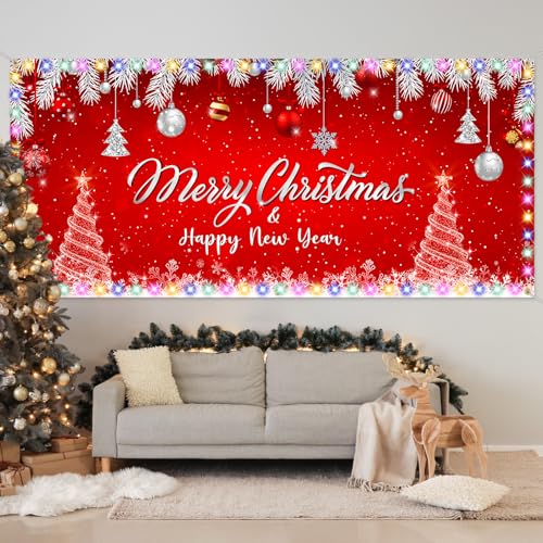 Tatuo Christmas Garage Door Banner with LED Lights 16 x 7 ft Merry Christmas Garage Door Cover Red Xmas Backdrop Decor wit...