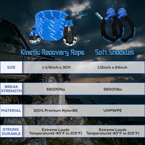 AXSIPEIX Kinetic Recovery Rope Kit (Reflective), 1.25in x 30ft 56,000Lbs, 35% High Elasticity, w/ 2 Soft Shackles, 18,666L...